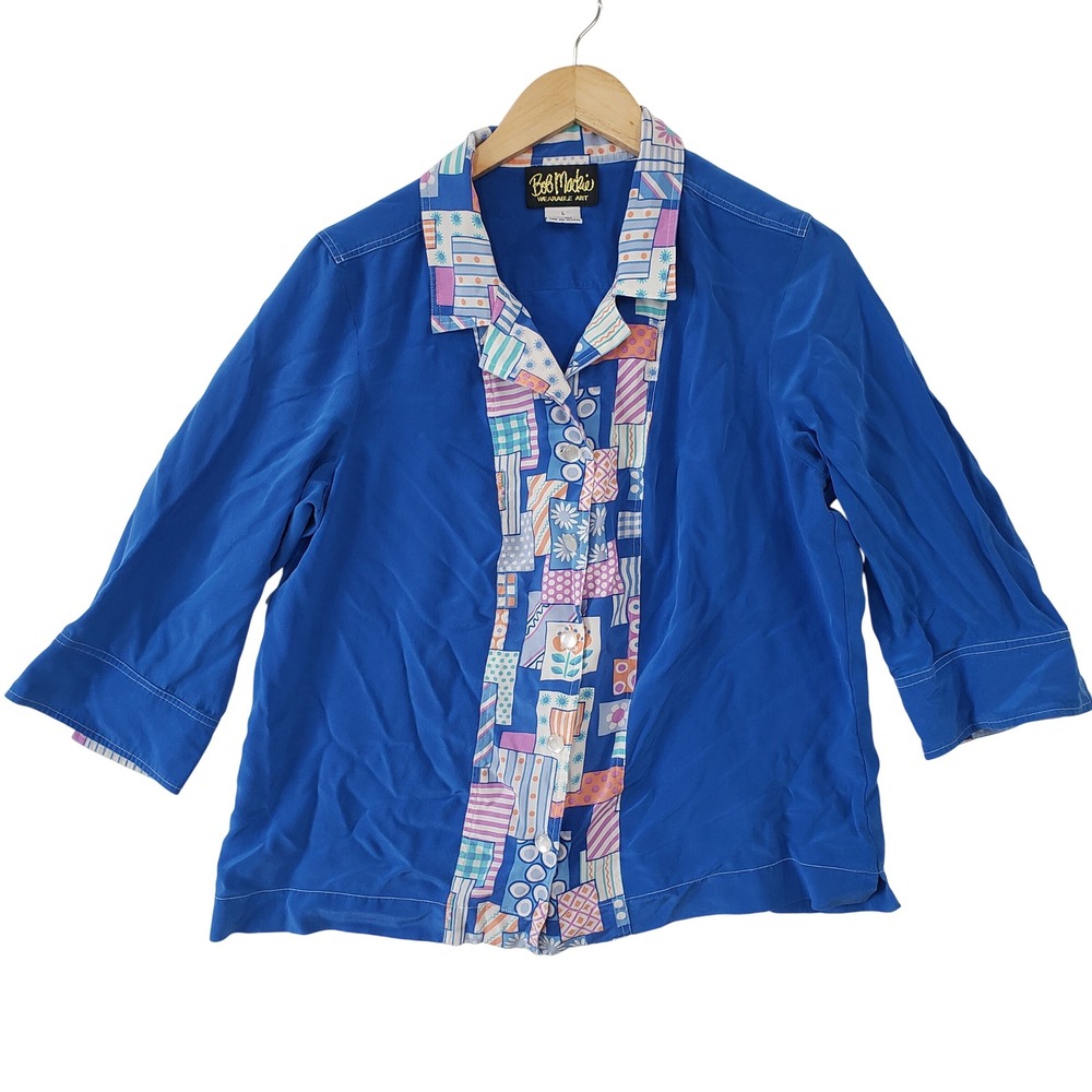 Bob Mackie Silk Blouse‎ Womens Large Blue Patchwork Wearable Art 90s Button Down